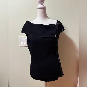 Cache Y2K off shoulder rhinestone zipper sleeveless top L black ribbed